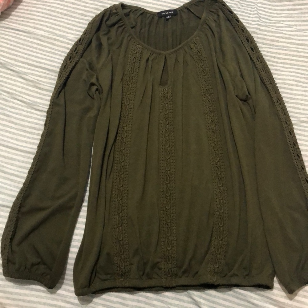 Army green top with embroidery